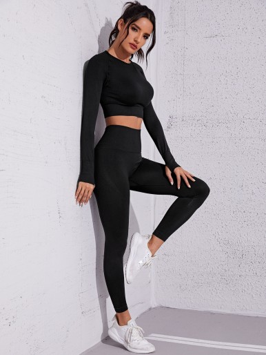 Seamless Raglan Sleeve Crop Sports Tee With Leggings