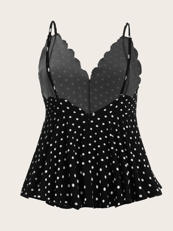 Plus Scallop Trim Polka Dot Peplum Cami Top