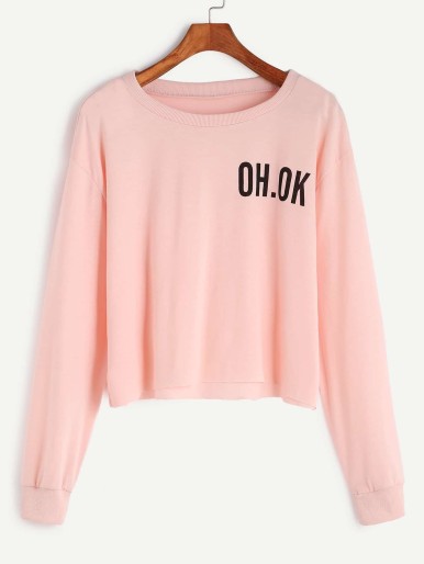 Pink Drop Shoulder Letter Print Raw Hem Crop Sweatshirt