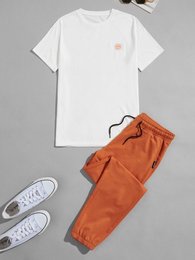 Men Patched Tee With Drawstring Pants