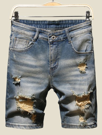 Men Ripped Washed Denim Shorts