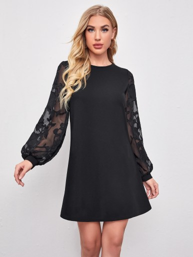 Floral Applique Sheer Lantern Sleeve Dress