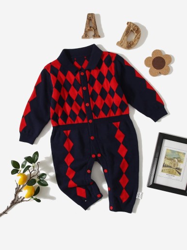 Baby Argyle Pattern Button Front Knit Jumpsuit