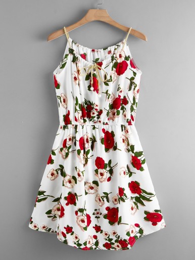 Rose Print Self-Tie Braided Cami Dress