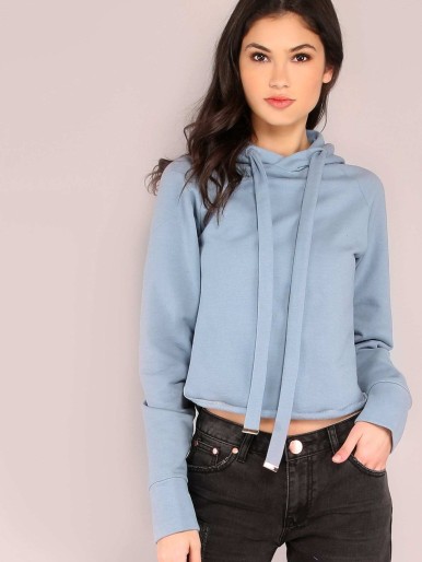 Cropped Pocketless Row Hem Raglan SLeeve Hooded Sweatshirt