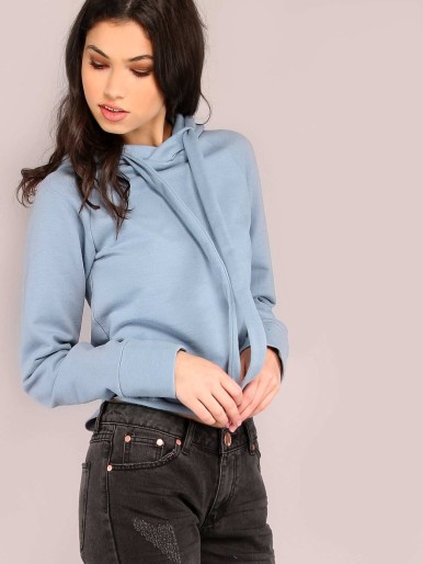 Cropped Pocketless Row Hem Raglan SLeeve Hooded Sweatshirt