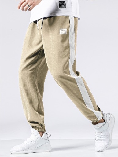 Men Contrast Panel Letter Graphic Drawstring Pants