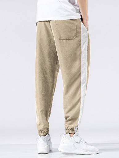 Men Contrast Panel Letter Graphic Drawstring Pants