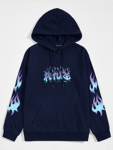 Men Letter & Fire Print Drawstring Hoodie