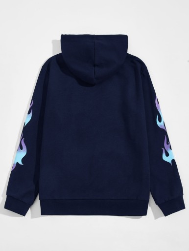 Men Letter & Fire Print Drawstring Hoodie