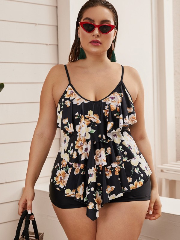 Plus Floral Random Print Tiered Layer Top With Shorts Tankini