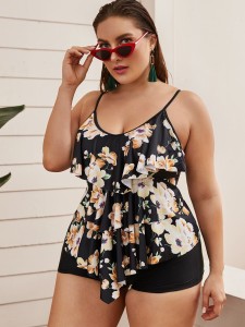 Plus Floral Random Print Tiered Layer Top With Shorts Tankini