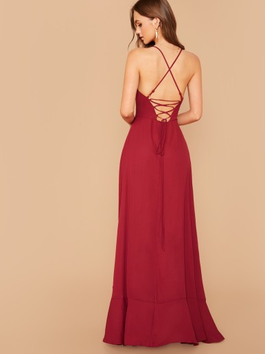 Crisscross Lace Up Back Ruffle Asymmetrical Hem Slip Dress