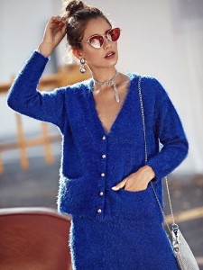 V-neck Patch Pocket Fuzzy Cardigan