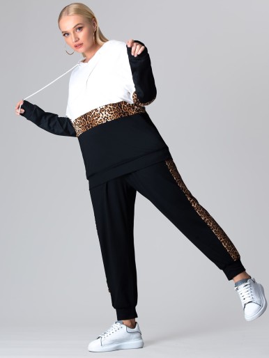 Plus Color-block Leopard Panel Drawstring Hoodie & Sweatpants