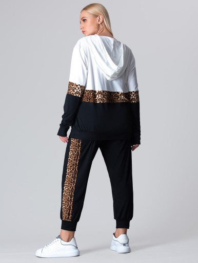 Plus Color-block Leopard Panel Drawstring Hoodie & Sweatpants