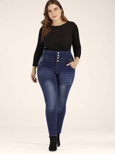 Plus Wide Band Waist Washed Jeans