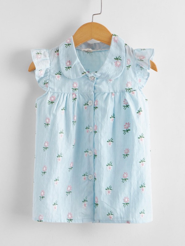 Toddler Girls Floral Embroidered Button Up Blouse