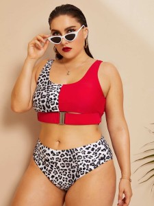 Plus Leopard Buckle Top With High Waisted Bikini