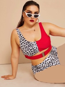 Plus Leopard Buckle Top With High Waisted Bikini