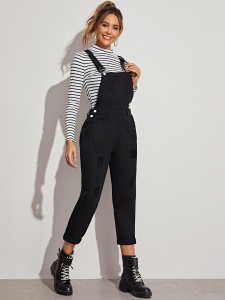 Ripped Black Wash Denim Overall