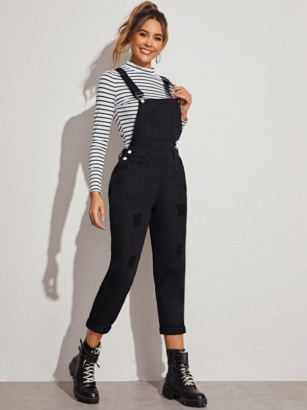 Ripped Black Wash Denim Overall