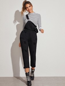 Ripped Black Wash Denim Overall