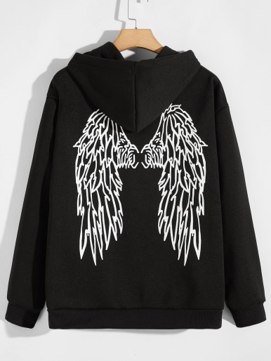 Men Wings Print Drawstring Hoodie