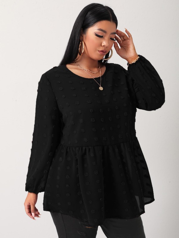 Plus Swiss Dot Ruffle Hem Tunic Blouse