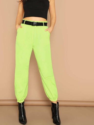 Neon Lime Elastic Hem Pants With Push Buckle Belt