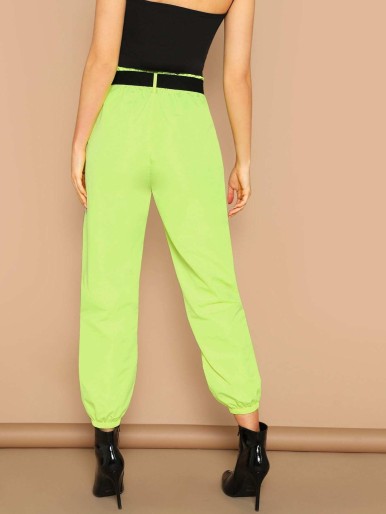 Neon Lime Elastic Hem Pants With Push Buckle Belt