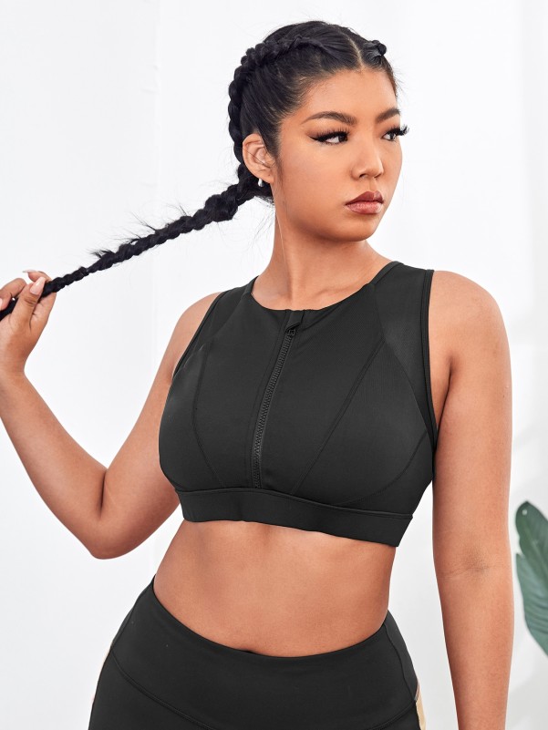 Plus Solid Zip Up Sports Bra