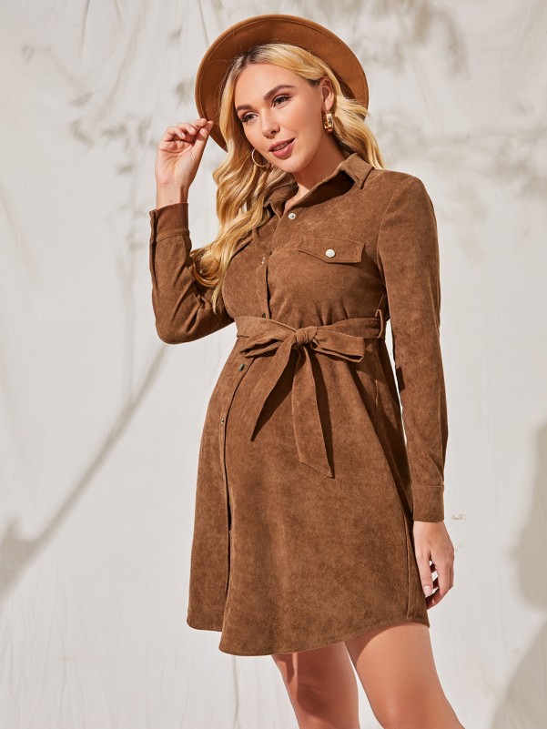 Maternity Flap Detail Belted Cord Dress