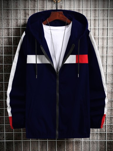 Men Contrast Panel Drawstring Hooded Jacket