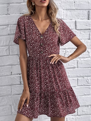 Flutter Sleeve Button Front Allover Print Dress