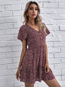 Flutter Sleeve Button Front Allover Print Dress