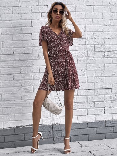 Flutter Sleeve Button Front Allover Print Dress