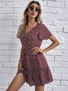 Flutter Sleeve Button Front Allover Print Dress