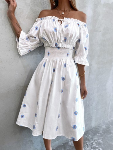 Off Shoulder Shirred Waist Floral Dress