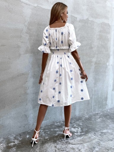 Off Shoulder Shirred Waist Floral Dress