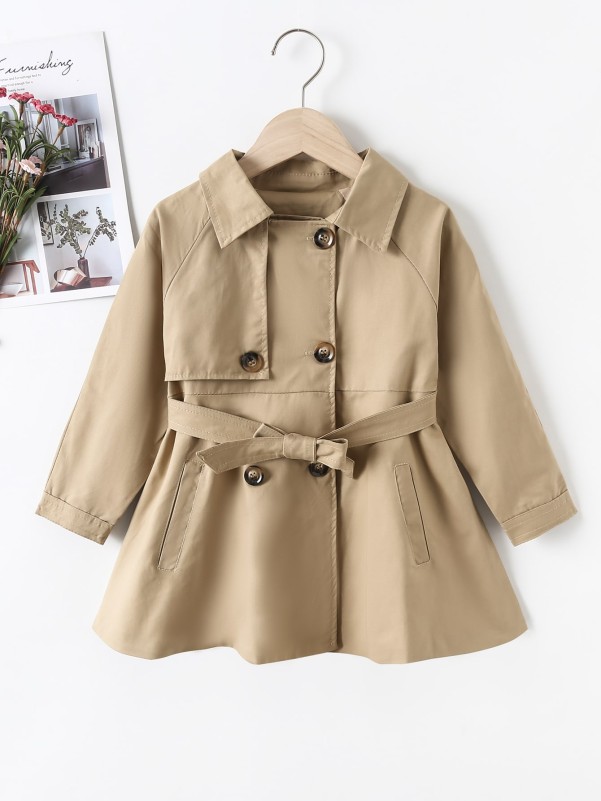 Girls Double Breasted Raglan Sleeve Belted Trench Coat