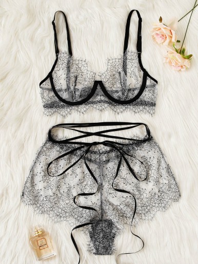 Eyelash Lace Sheer Underwire Lingerie Set