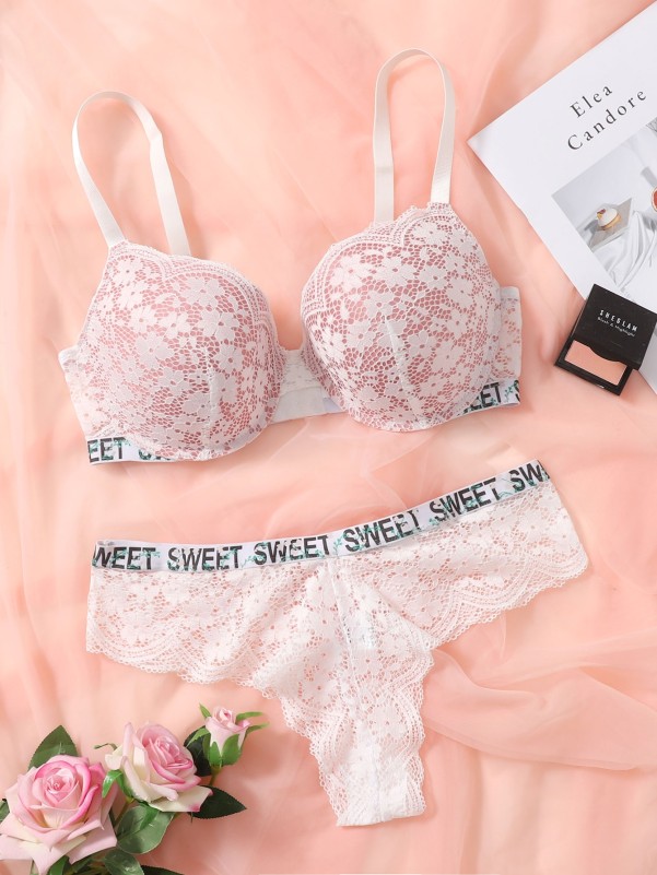 Floral Lace Letter Tape Lingerie Set