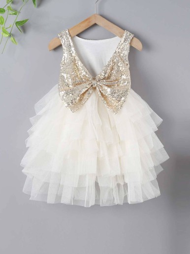 Toddler Girls Contrast Sequin Layered Mesh Partydress
