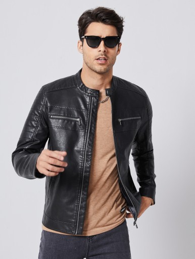 Men Zip Up PU Leather Jacket