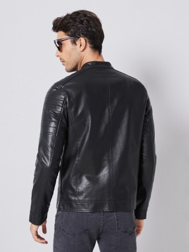 Men Zip Up PU Leather Jacket