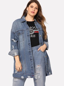 Plus Pocket Patched Ripped Denim Jacket