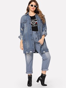 Plus Pocket Patched Ripped Denim Jacket