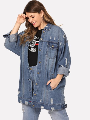 Plus Pocket Patched Ripped Denim Jacket