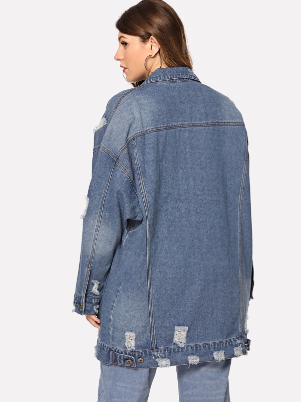 Plus Pocket Patched Ripped Denim Jacket